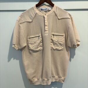 Vintage Wayne Scott Henley Shirt Mens Large Cream Dual Zip Pockets Waffle Knit